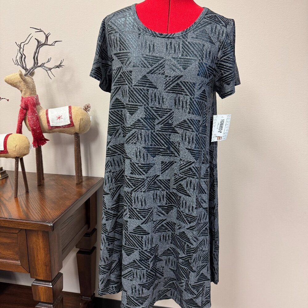 LuLaRoe Carly Swing Dress Elegant Collection Grey Black Geometric NEW Size M